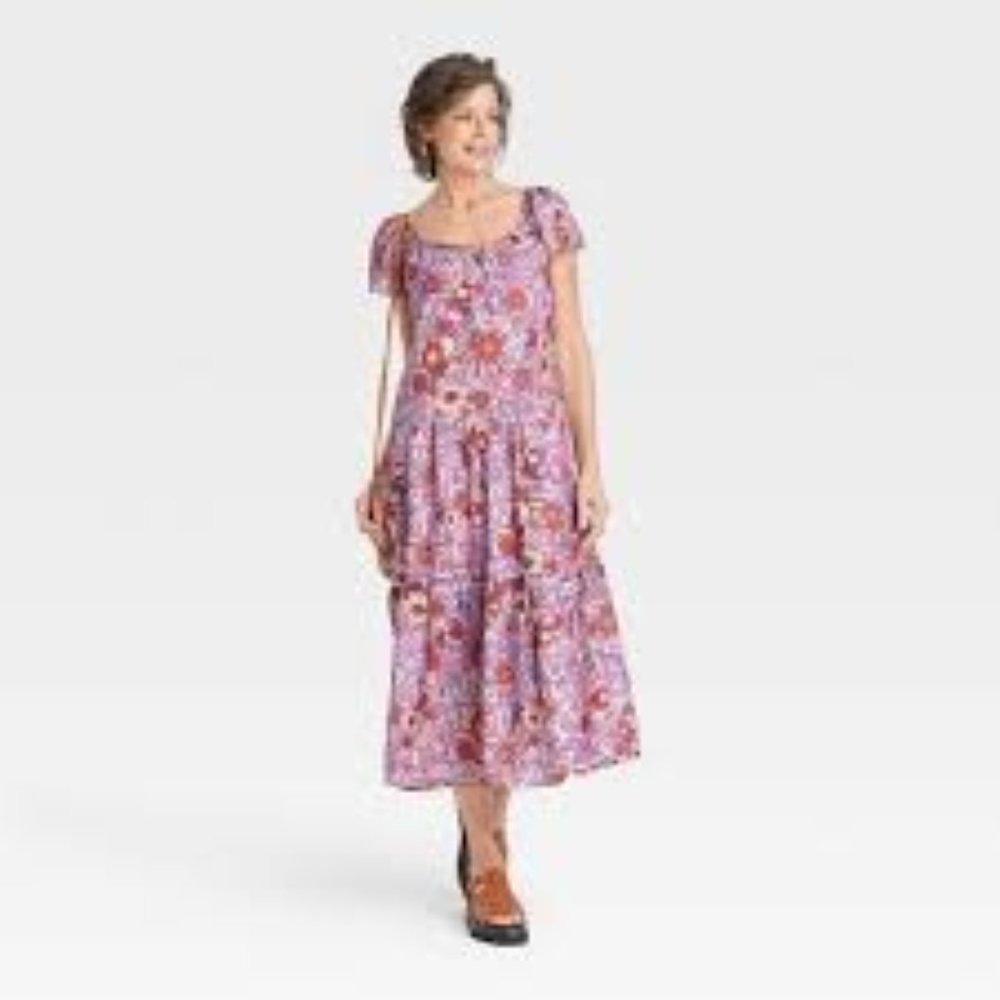 Knox Rose purple / red floral flutter short sleeve tiered midi dress
